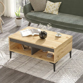 Table basse ALIZÉ bois clair et gris avec pieds noirs, design scandinave moderne dans un salon cosy.
